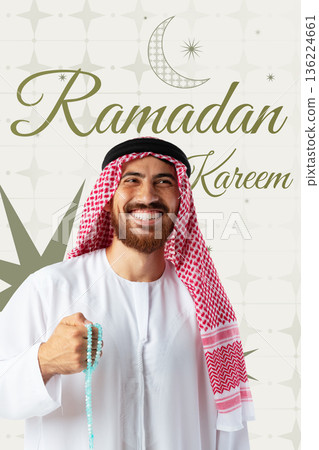 Man holding prayer beads during Ramadan celebration in a decorated setting 136224661