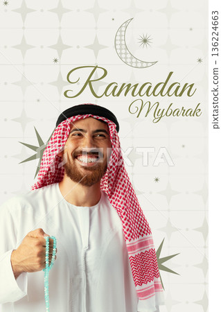 Smiling man in traditional attire holding prayer beads during Ramadan celebration Smiling man in traditional attire holding prayer beads during Ramadan celebration 136224663