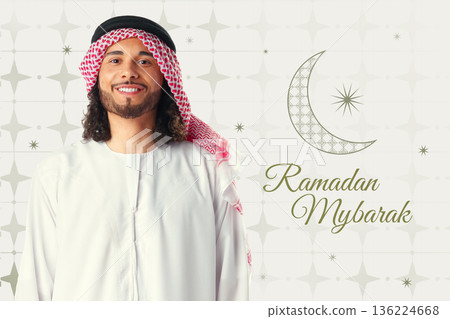 Celebration of Ramadan in a joyful atmosphere with cultural attire and festive elements 136224668