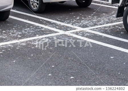 Parking lot with severe bird droppings 136224802