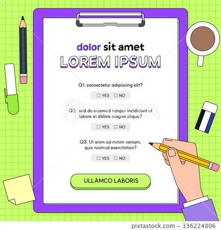 line art stylized illustration of a hand filling out a survey form on a purple clipboard line art stylized illustration of a hand filling out a survey form on a purple clipboard 136224806