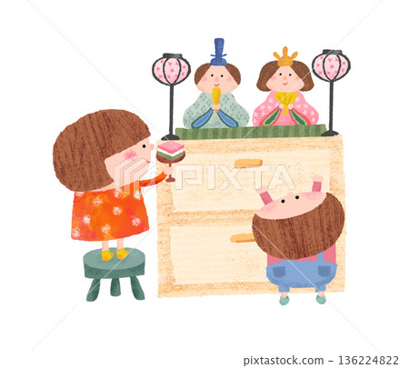 描繪了一個小女孩和小男孩正在為女兒節裝飾的插圖。 136224822