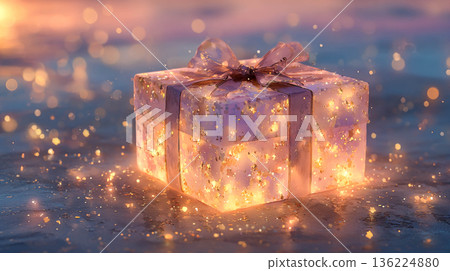 A magical gift box, sparkling with golden lights and confetti, stands on a reflective surface against the backdrop of a soft evening bokeh.	 136224880
