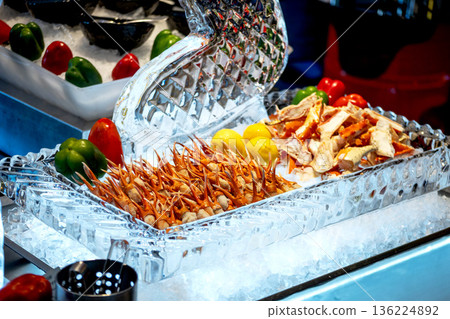Top view of Alaskan crab legs or Alaska King Crab in Restaurant, focus selective Top view of Alaskan crab legs or Alaska King Crab in Restaurant, focus selective 136224892