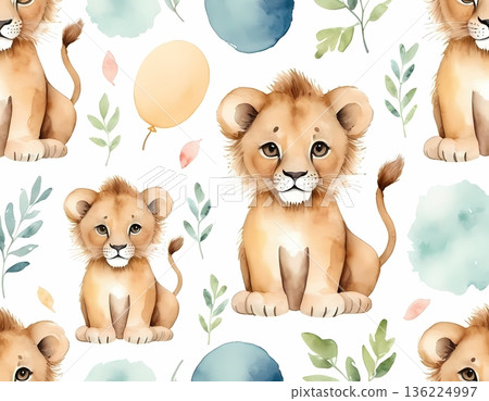 Watercolor cute lion cub seamless pattern for wrapping paper and fabric design Watercolor cute lion cub seamless pattern for wrapping paper and fabric design 136224997