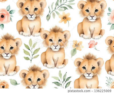 Watercolor cute lion cub seamless pattern for wrapping paper and fabric design 136225009