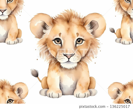 Watercolor cute lion cub seamless pattern for wrapping paper and fabric design 136225017