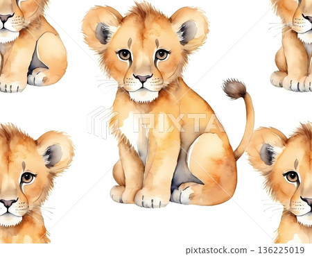 Watercolor cute lion cub seamless pattern for wrapping paper and fabric design 136225019