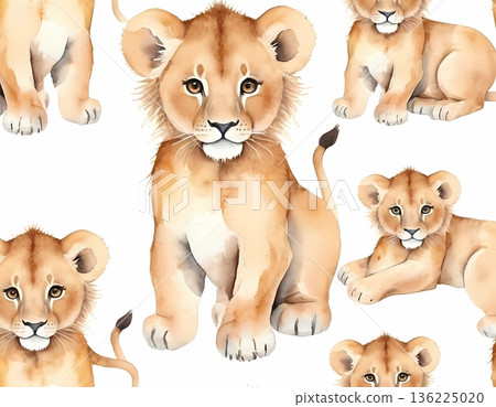 Watercolor cute lion cub seamless pattern for wrapping paper and fabric design Watercolor cute lion cub seamless pattern for wrapping paper and fabric design 136225020