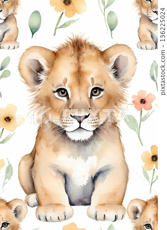 Watercolor cute lion cub seamless pattern for wrapping paper and fabric design Watercolor cute lion cub seamless pattern for wrapping paper and fabric design 136225024
