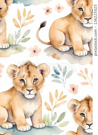 Watercolor cute lion cub seamless pattern for wrapping paper and fabric design Watercolor cute lion cub seamless pattern for wrapping paper and fabric design 136225025