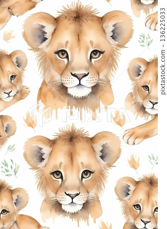 Watercolor cute lion cub seamless pattern for wrapping paper and fabric design 136225033