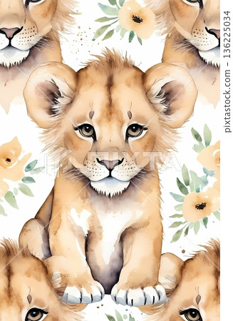 Watercolor cute lion cub seamless pattern for wrapping paper and fabric design 136225034