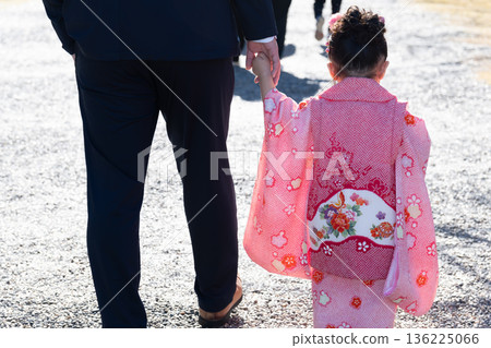 Rear view of parent and child holding hands at Shichi-Go-San celebration Rear view of parent and child holding hands at Shichi-Go-San celebration 136225066