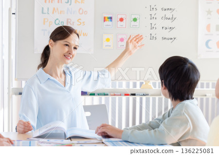 Education English conversation class Native teacher giving lesson 136225081