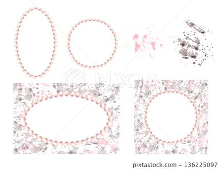 Pearl frame on watercolor pink, grey stain, splashes abstract background. Pastel coloured hand drawn illustration. Circle, oval blank cards template for wedding, Valentine's, Mother's Day. Isolated 136225097