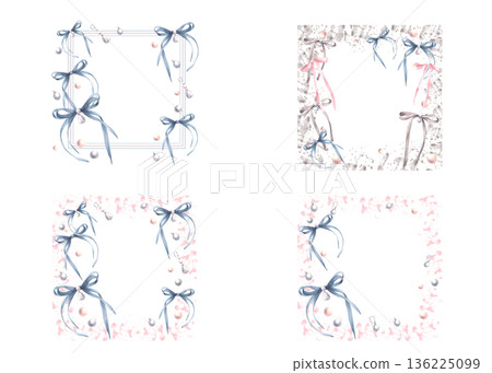 Blue bows, ribbons with pearl earrings on watercolor pink spots splashes abstract background. Square frame. Coquette style template, girly card, product label Hand drawn illustration isolated clipart. 136225099