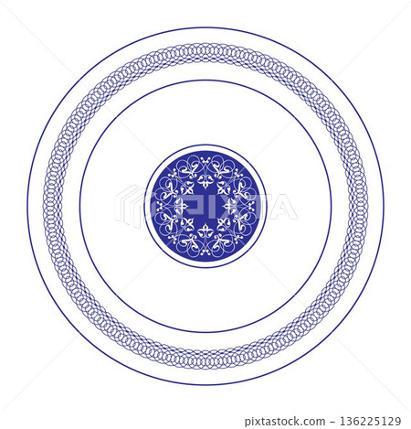 Round frame with lace pattern on a white background. Template for round surfaces, invitation, textile, engraving, embroidery, plate, ceramic, sandblasting, porcelain, laser cutting. Vector illustratio Round frame with lace pattern on a white background. Template for round surfaces, invitation, textile, engraving, embroidery, plate, ceramic, sandblasting, porcelain, laser cutting. Vector illustratio 136225129