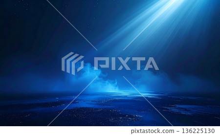 一片奇妙的背景,雲海和繁星點點的夜空,籠罩在一道神秘的藍色光柱之中。 一片奇妙的背景,雲海和繁星點點的夜空,籠罩在一道神秘的藍色光柱之中。 136225130