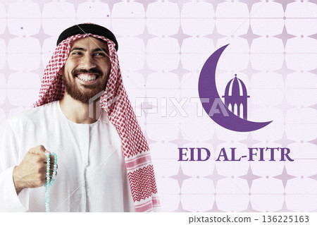Celebration of Eid al-Fitr during Ramadan with a man smiling and holding prayer beads 136225163