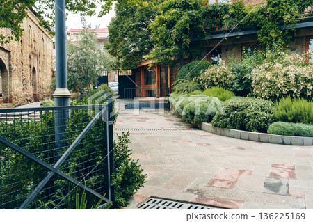 Green plants and stone pathways create an inviting space in an urban garden area 136225169
