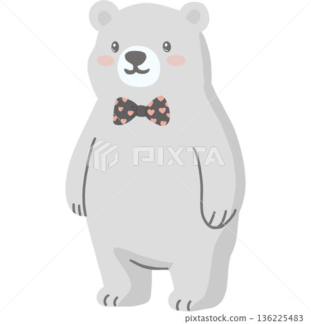 Cute grey bear wearing a heart pattern bow tie, illustrated cartoon style. 136225483