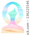 Double exposure artwork features a girl with blended colors and shapes on a gradient background showing nature and sky elements 136225546