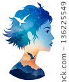 Girl with birds in double exposure showing nature and night sky at dusk 136225549