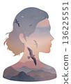 Double exposure of a girl with birds flying in a colorful sky over a mountain landscape 136225551