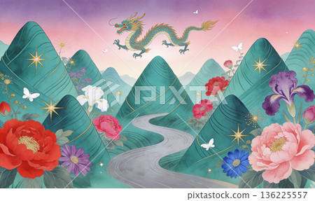 Zongzi shaped Qingshan River Xianglong Tour Spring Congratulations on Dragon Boat Festival New Chinese style Gongbi Illustration 136225557