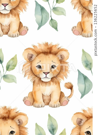 Watercolor cute lion cub seamless pattern for wrapping paper and fabric design 136225652