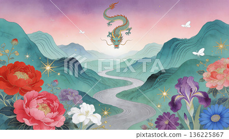 Green Mountains and Rivers, Blooming Scenery, Auspicious Dragons, Auspicious New Chinese Loong Boat Festival Illustrations 136225867