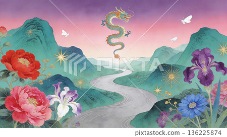 Green Mountains and Rivers, Blooming Scenery, Auspicious Dragons, Auspicious New Chinese Loong Boat Festival Illustrations 136225874