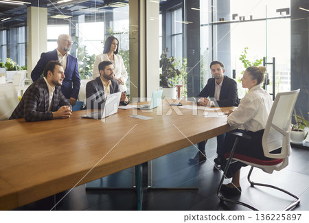 Business meeting for discussion in office, businesswoman talking about solution Business meeting for discussion in office, businesswoman talking about solution 136225897