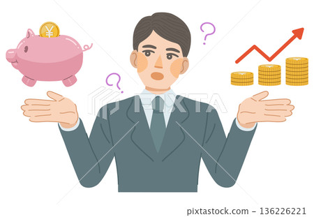 An illustration of a man in a suit thinking about how to increase his savings 136226221