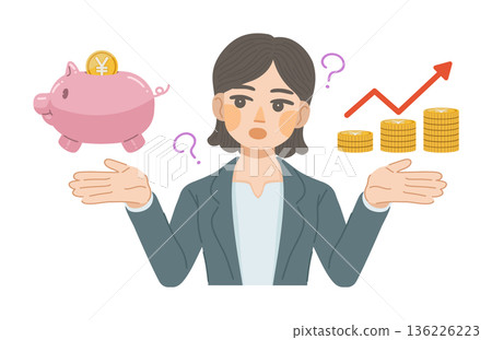 An illustration of a woman in a suit thinking about how to increase her savings 136226223