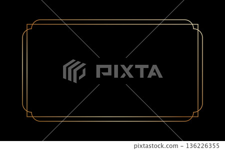 Thin golden frame in art deco style. Luxury modern line rectangle gold border. Brass glowing shiny simple boarder element pack for photocard. Vector illustration isolated on black background 136226355