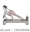 A woman with bob hair in pink clothing stretching her knees with machine Pilates 136226409