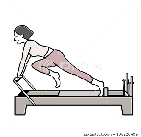 A woman with bob hair in pink clothing stretching her knees with machine Pilates A woman with bob hair in pink clothing stretching her knees with machine Pilates 136226409