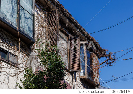 一棟廢棄房屋的二樓，爬滿了枯萎的常春藤，還有一扇裝有百葉窗的窗戶。 136226419