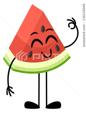 Watermelon slice emoji. Cartoon ok hand gesture Watermelon slice emoji. Cartoon ok hand gesture 136226940