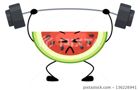 Strong watermelon slice lift weight. Healthy tropical food Strong watermelon slice lift weight. Healthy tropical food 136226941