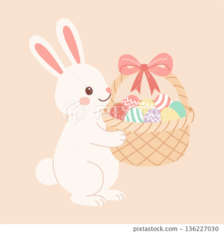 Cute Easter Bunny Holding Basket with Eggs Cute Easter Bunny Holding Basket with Eggs 136227030