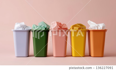 Row of pastel colored trash bins with crumpled paper inside, symbolizing waste separation and recycling in a clean environment.  136227091