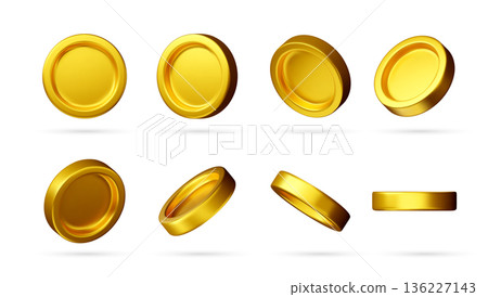 Set of 3D golden coins in various angles. Set of 3D golden coins in various angles. 136227143