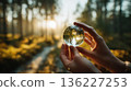 person holds glass sphere in sunlit forest, reflecting trees and sunlight, creating magical and serene atmosphere. path through forest adds depth and invites exploration 136227253