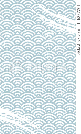 A Japanese-style background featuring a light blue Seigaiha pattern with brush strokes. An elegant illustration in a vertical layout. 136227261