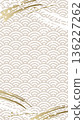 A Japanese-style background featuring a beige Seigaiha pattern with gold brushstrokes. An elegant illustration in a vertical layout. 136227262