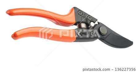 Gardening tool equipment. Single steel garden scissors for pruning plants and flowers. Pruning of a vineyard or fruit tree. isolated on white Gardening tool equipment. Single steel garden scissors for pruning plants and flowers. Pruning of a vineyard or fruit tree. isolated on white 136227356