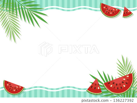 Watermelon and palm tree summer vacation background frame Refreshing stripes and tropical fruit vector material Watermelon and palm tree summer vacation background frame Refreshing stripes and tropical fruit vector material 136227392